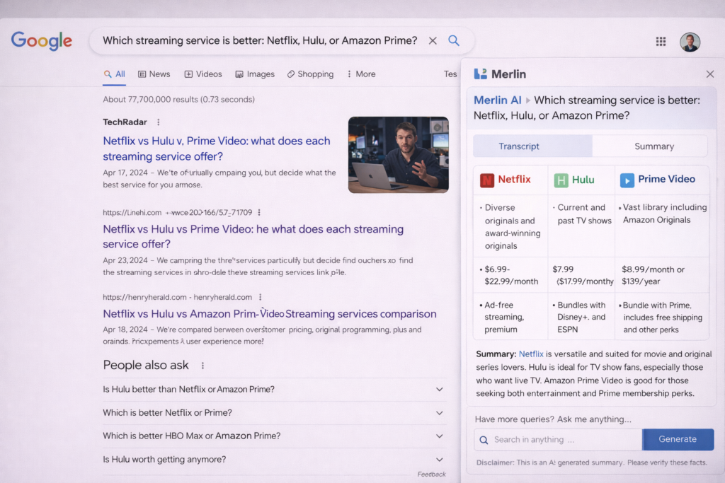 Merlin AI sidebar on Google Search