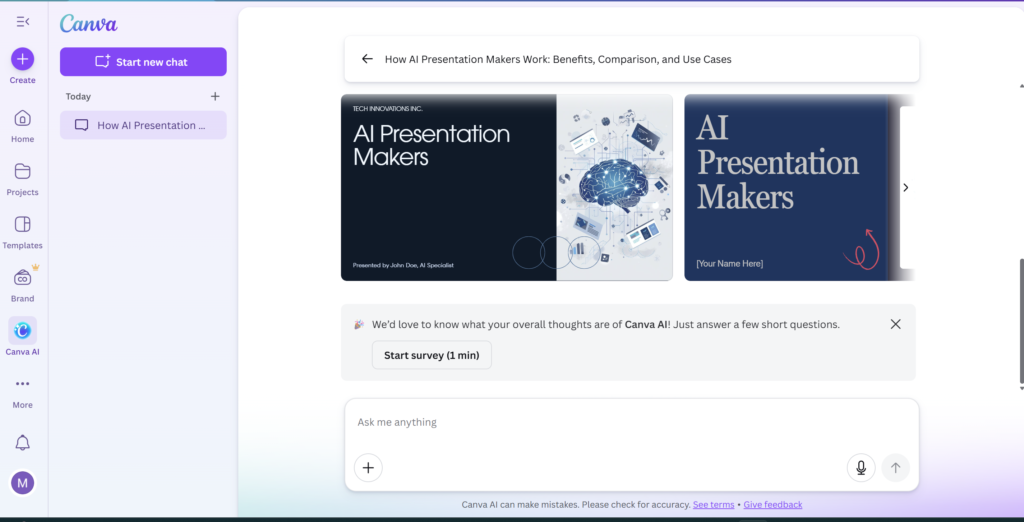 Canva AI creating a professional presentation using Magic Design, showing how a free AI presentation maker transforms text into visually appealing slides