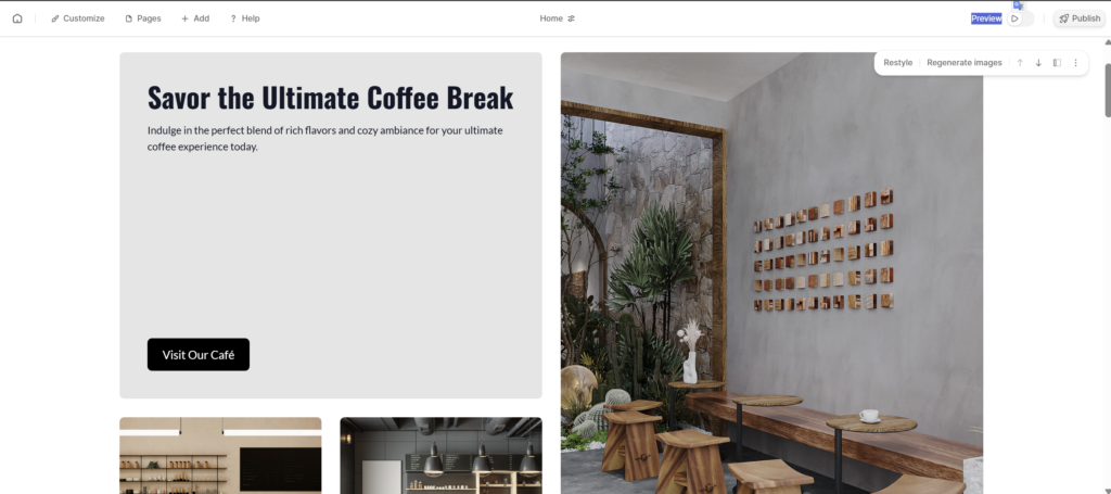 Durable AI website builder designing a coffee shop website with a cozy interior layout, AI-generated images, and call-to-action section