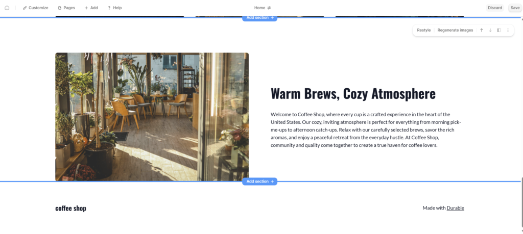 Durable AI website builder creating a local coffee shop website with AI-generated content, images, and business sections