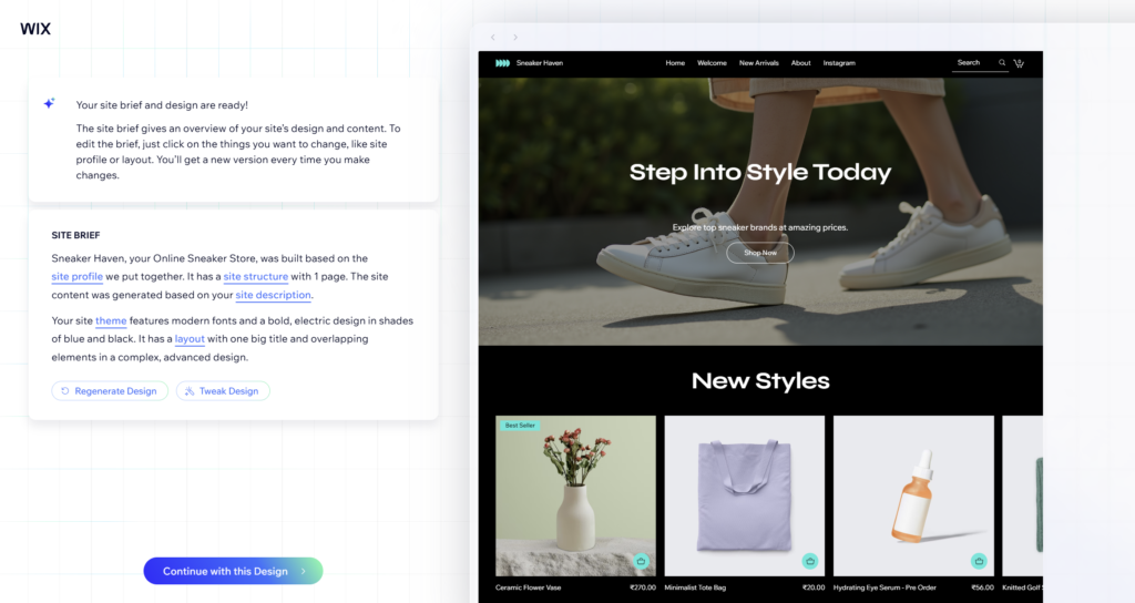 Wix AI website builder creating an e-commerce store design with AI-generated layout, product sections, and SEO-ready structure