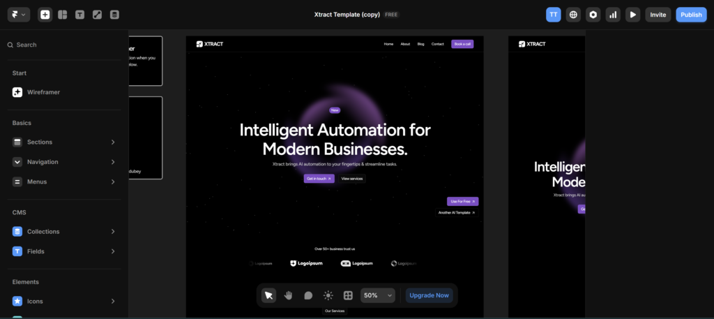 Framer AI website builder generating a premium SaaS landing page with modern typography, dark UI, and designer-level layout