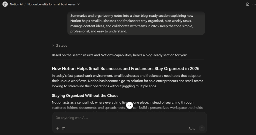 Notion AI organizing notes into a blog-ready summary for small businesses and freelancers, showing how a free AI productivity tool works in 2026