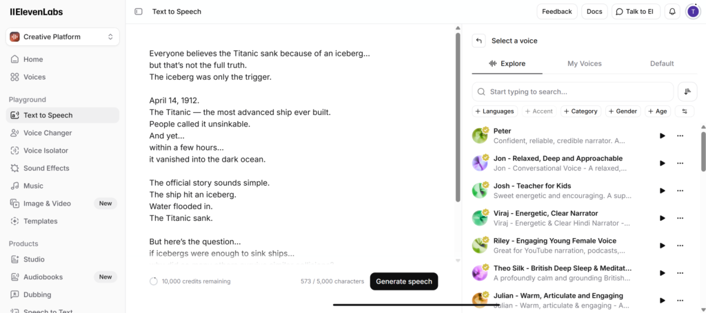 AI voiceover generation for YouTube videos.