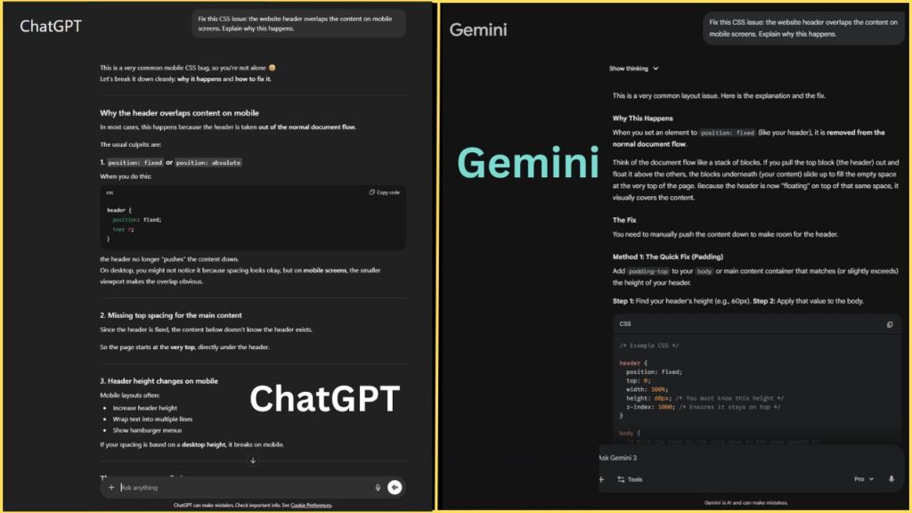ChatGPT vs Gemini coding and debugging comparison screenshot 2026