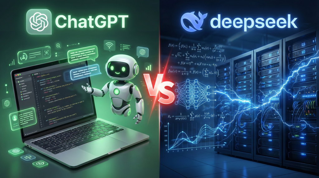 DeepSeek vs ChatGPT AI battle concept art.