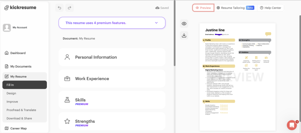 Kickresume AI resume builder mobile interface.