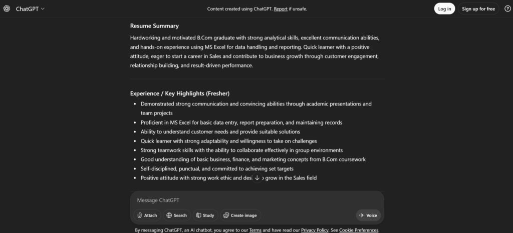 AI writing resume summary and experience automatically.