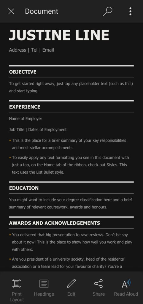 Formatting resume on mobile word app problems.