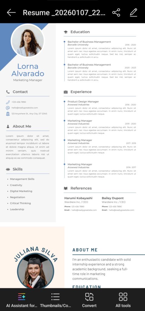 Professional resume pdf downloaded on android.