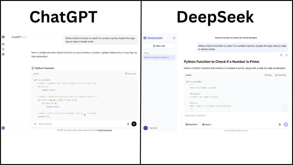 Side-by-side comparison of DeepSeek chat interface vs ChatGPT.