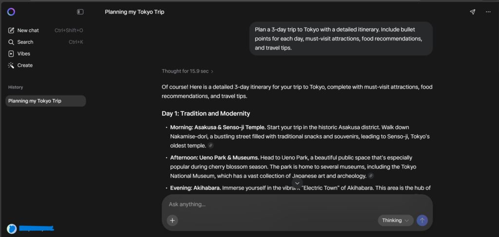 Meta AI planning travel itinerary using Bing search.
