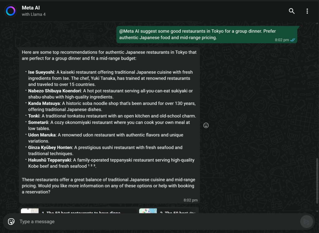 Using Meta AI in WhatsApp group chats for suggestions.